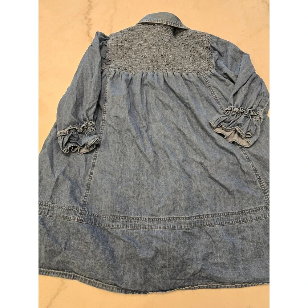 Free People Find Me Now Denim Smocked Button Down Mini Dress Tunic Pockets Med